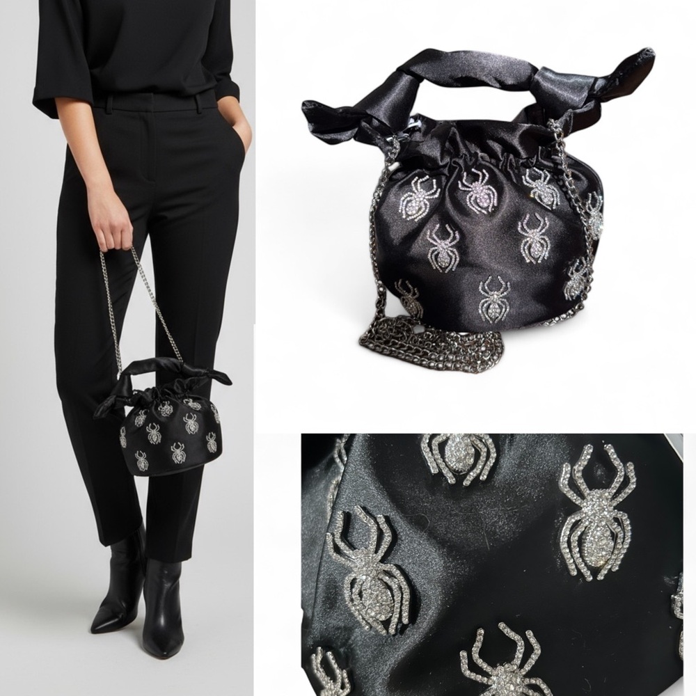 Elegant Black Satin Mini Hand Bag with Silver Spider Embellishments